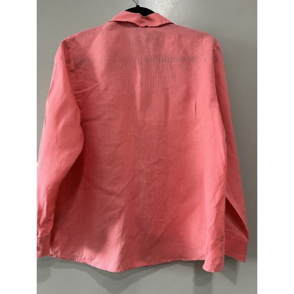 Womens Coral Pink Linen Button Up Long Sleeve Pockets Preppy, classic size-14p - Picture 2 of 7